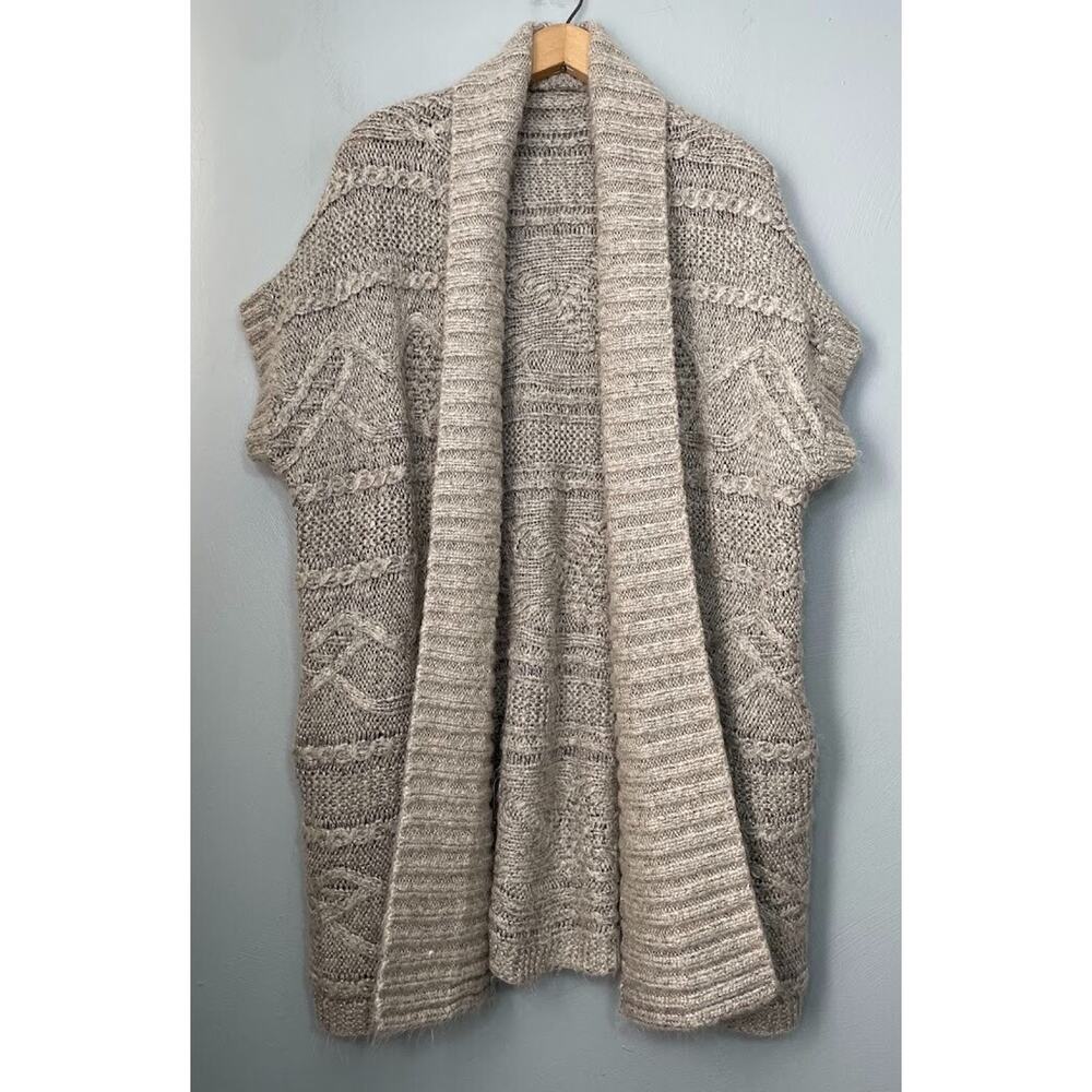 Lagenlook One Size Gray Chunky Cable Knit Wool Cardigan Cozy Minimalist Boho